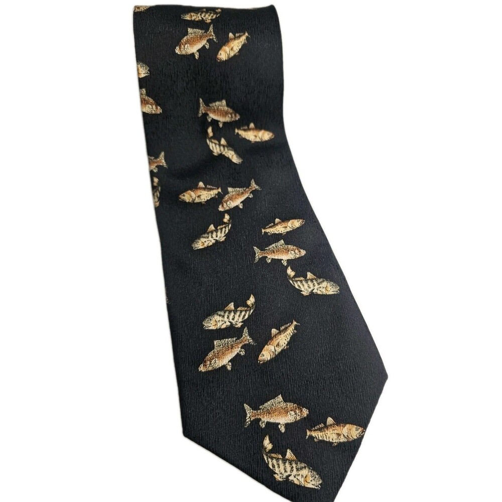 Vintage Tropicals By Tango Black Silk Tie Bass Trout Perch Fish Print Necktie